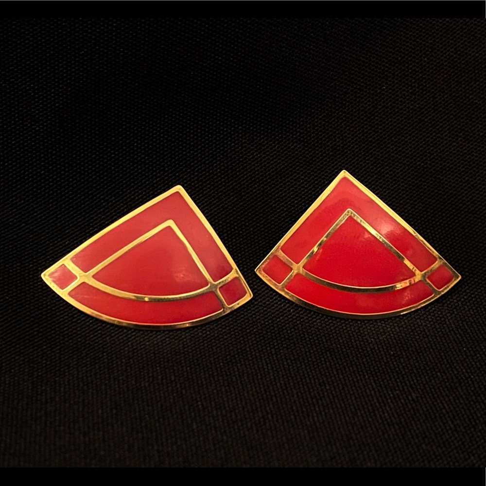 Vintage Red and Gold Tone Geometric Earrings